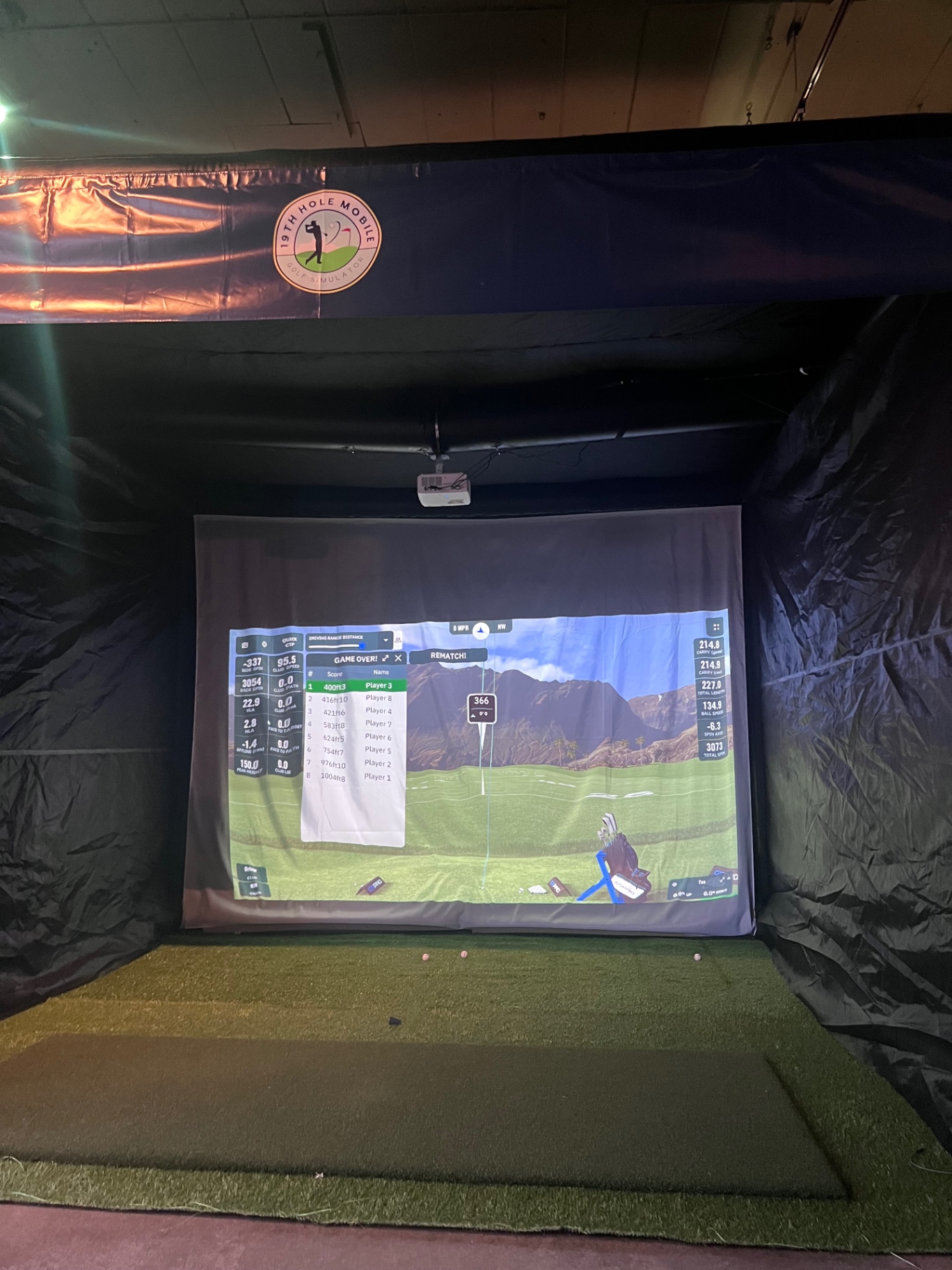 Closest to the pin leaderboard displayed on the simulator screen at the end of a contest